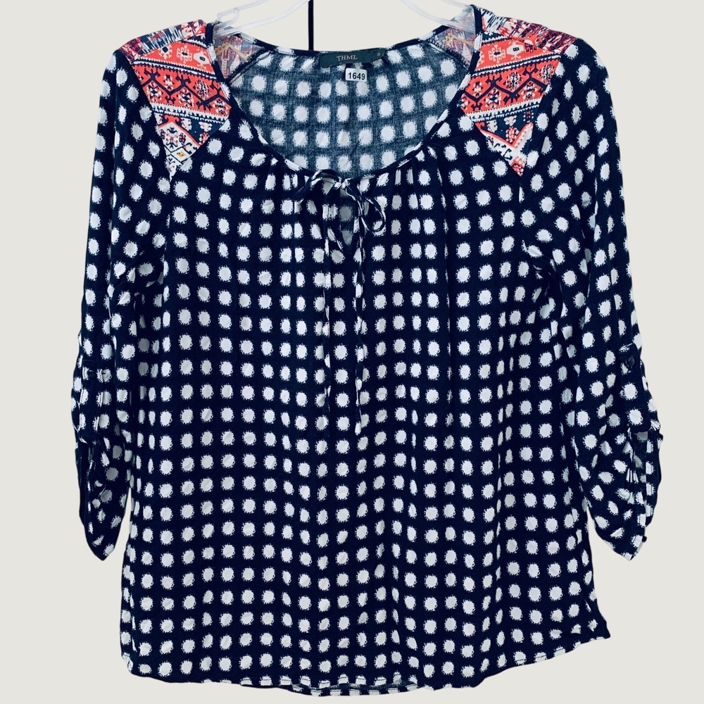 THML Peasant Blouse Women Small Navy Polka Dot Tie Neck 3/4 Roll-Tab Sleeves Top